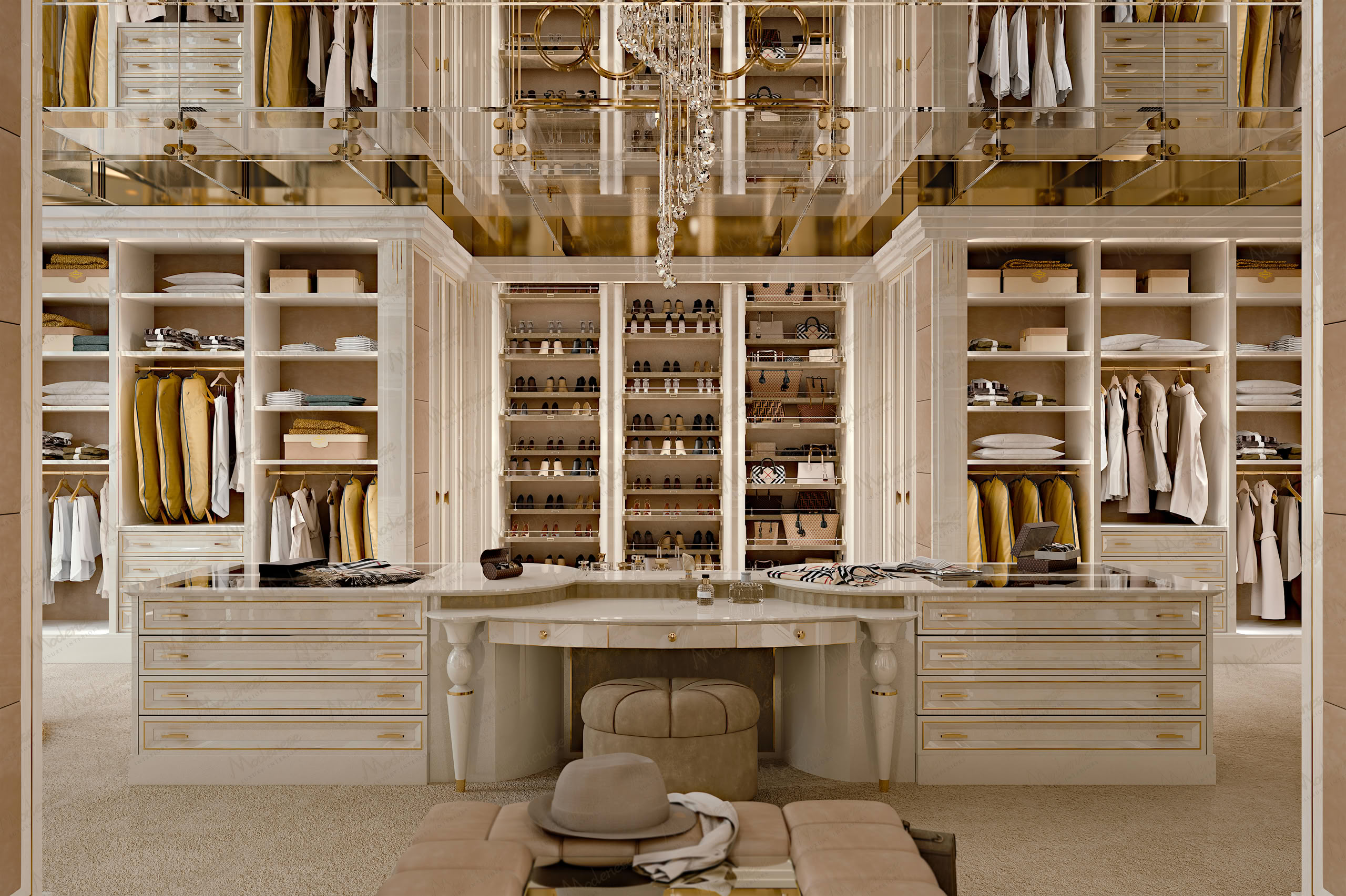 Modern luxury walk-in closet with leather-lined drawers