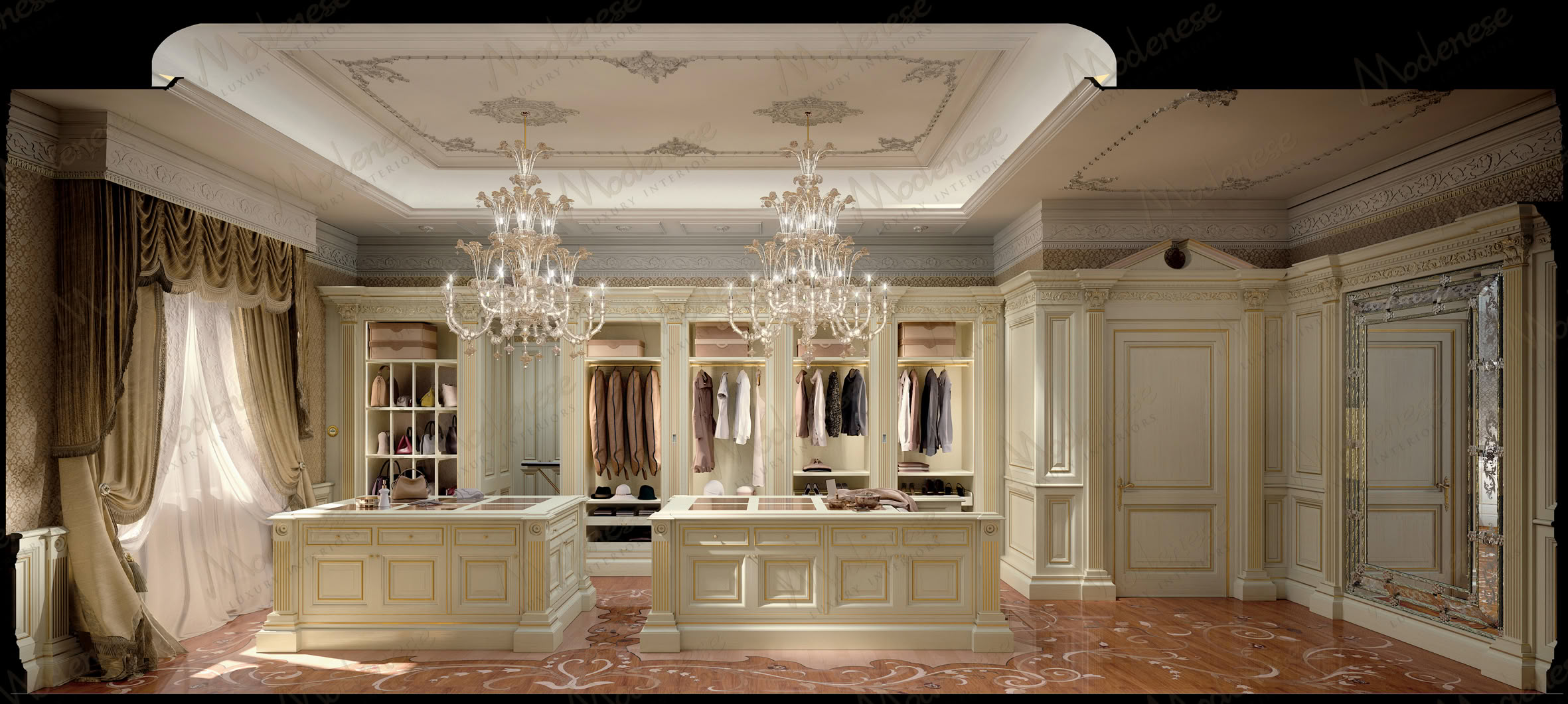 Transitional walk-in closet showing integrated cove lighting